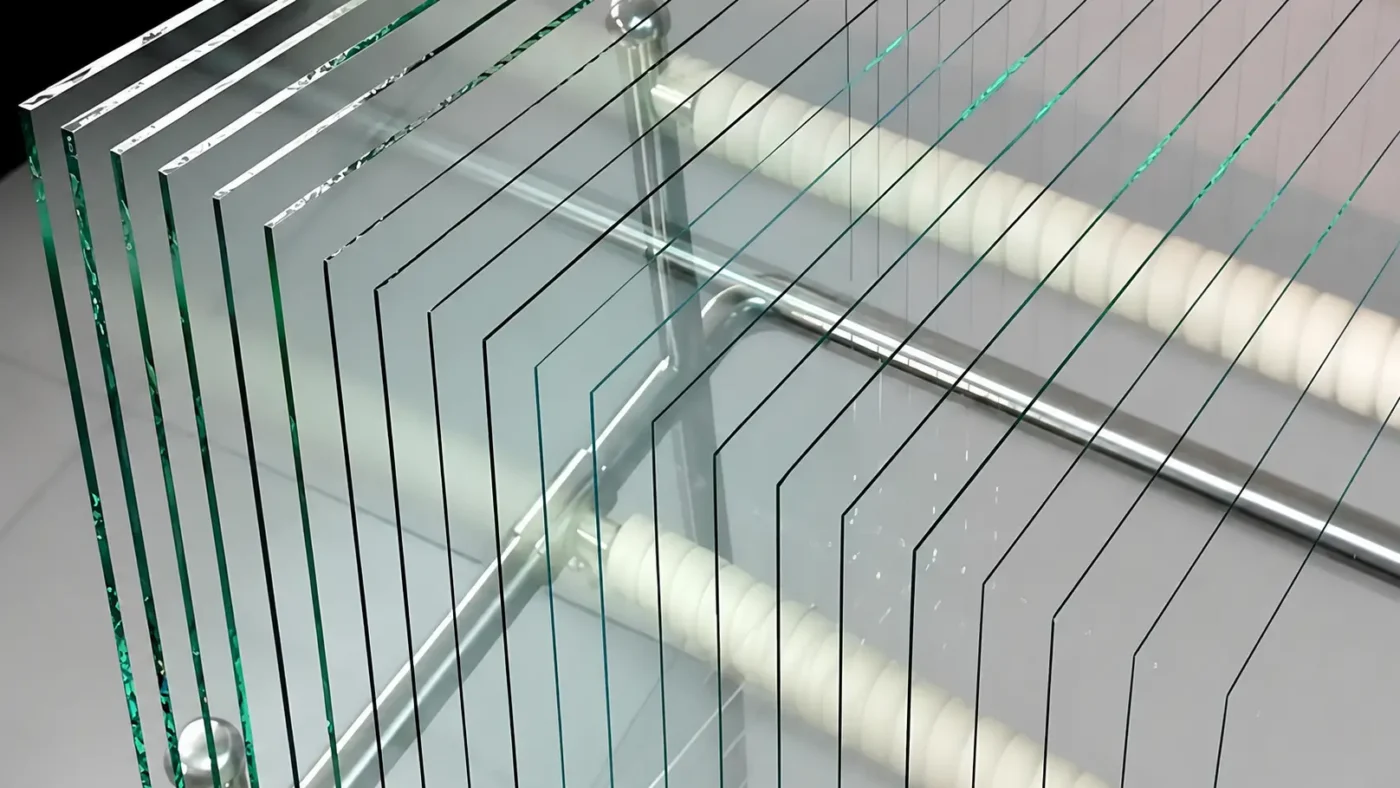 Stacked clear float glass sheets in a glass manufacturing facility.